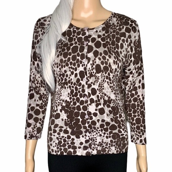 Garnet Hill Eco Merino Wool Snow Leopard Cardigan 3/4 Sleeve Size Small - Picture 1 of 8